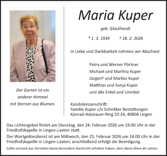 Traueranzeige von Maria Kuper von Neue Osnabrücker Zeitung GmbH & Co. KG
