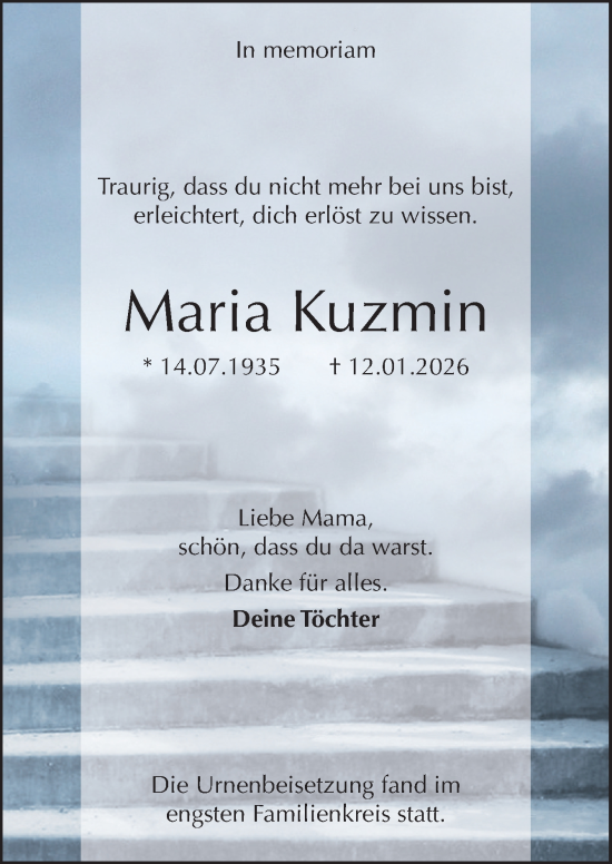 Traueranzeige von Maria Kuzmin von Neue Osnabrücker Zeitung GmbH & Co. KG