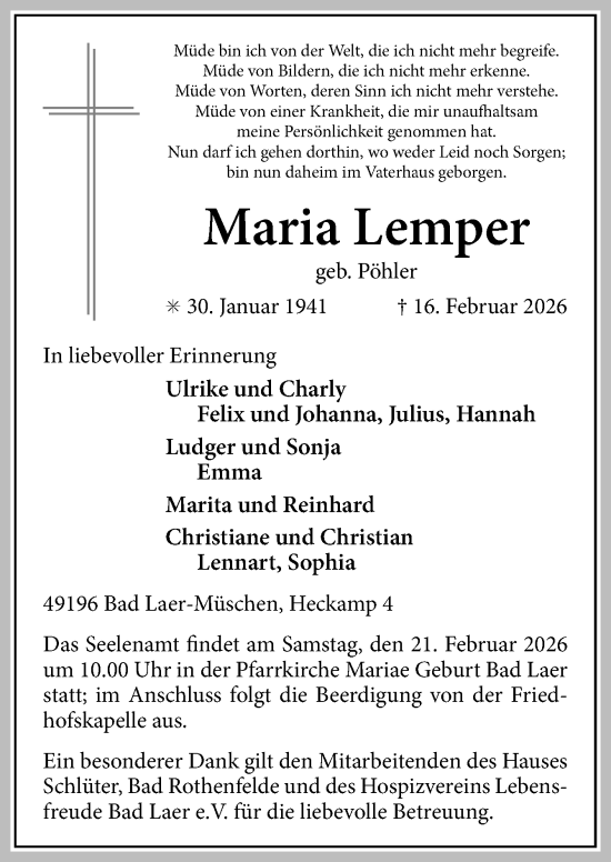 Traueranzeige von Maria Lemper von Neue Osnabrücker Zeitung GmbH & Co. KG