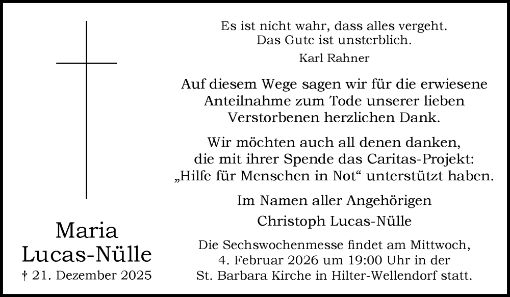  Traueranzeige für Maria Lucas-Nülle vom 31.01.2026 aus Neue Osnabrücker Zeitung GmbH & Co. KG
