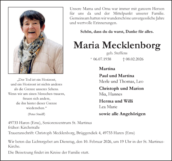 Traueranzeige von Maria Mecklenborg von Neue Osnabrücker Zeitung GmbH &amp; Co. KG