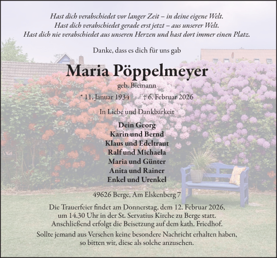 Traueranzeige von Maria Pöppelmeyer von Neue Osnabrücker Zeitung GmbH &amp; Co. KG