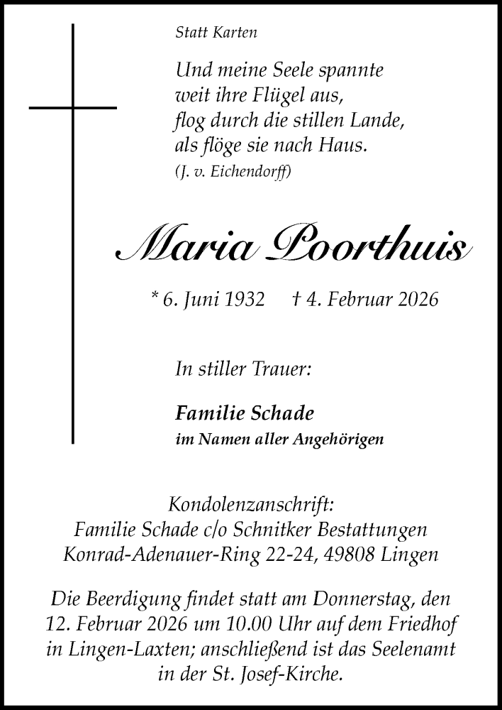  Traueranzeige für Maria Poorthuis vom 07.02.2026 aus Neue Osnabrücker Zeitung GmbH & Co. KG