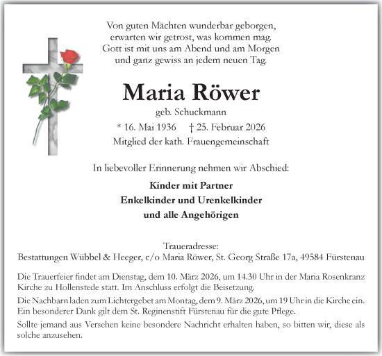 Traueranzeige von Maria Röwer von Neue Osnabrücker Zeitung GmbH & Co. KG