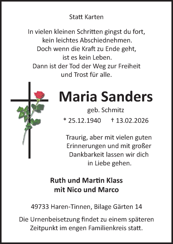 Traueranzeige von Maria Sanders von Neue Osnabrücker Zeitung GmbH & Co. KG