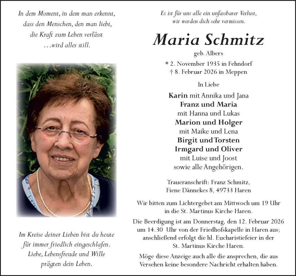  Traueranzeige für Maria Schmitz vom 11.02.2026 aus Neue Osnabrücker Zeitung GmbH & Co. KG