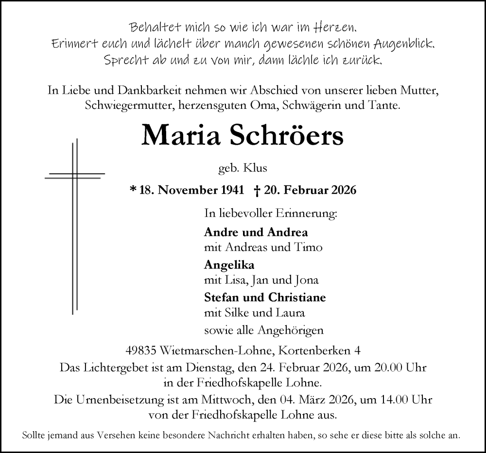  Traueranzeige für Maria Schröers vom 23.02.2026 aus Neue Osnabrücker Zeitung GmbH & Co. KG