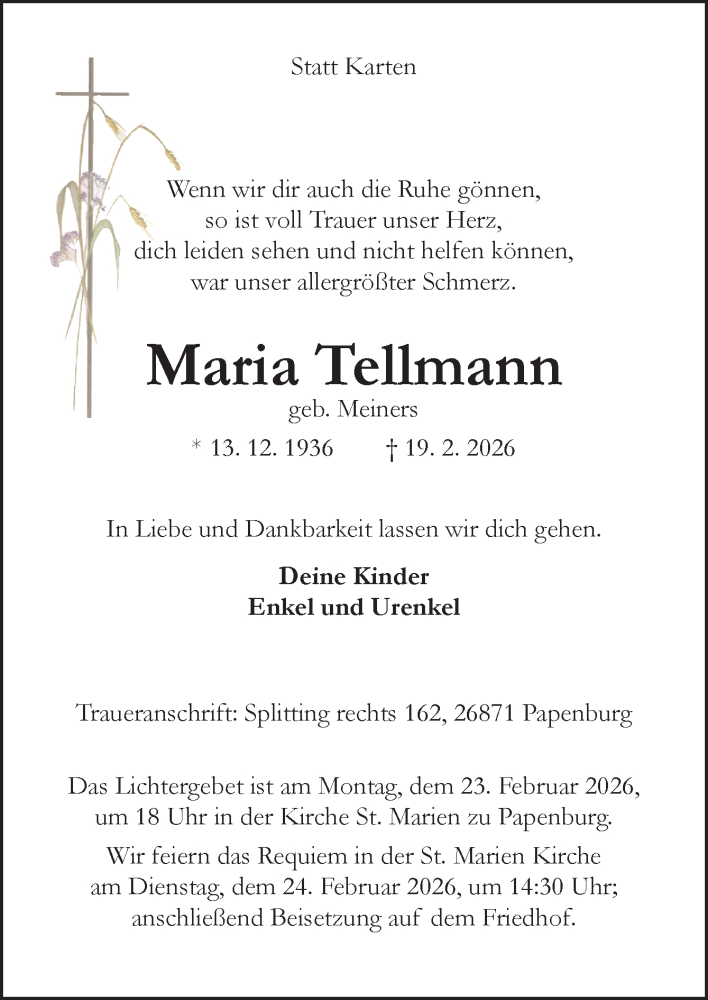  Traueranzeige für Maria Tellmann vom 23.02.2026 aus Neue Osnabrücker Zeitung GmbH & Co. KG