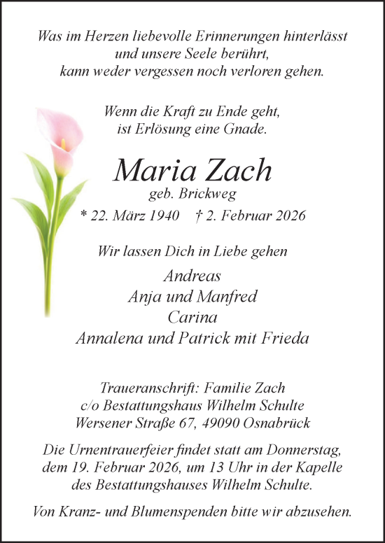Traueranzeige von Maria Zach von Neue Osnabrücker Zeitung GmbH & Co. KG