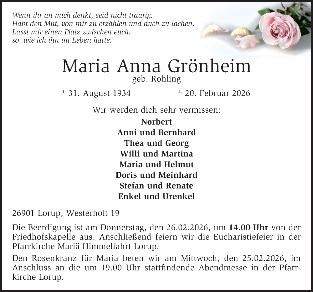  Traueranzeige für Maria Anna Grönheim vom 24.02.2026 aus Neue Osnabrücker Zeitung GmbH & Co. KG