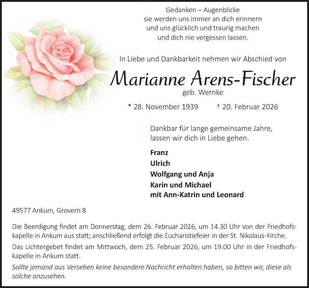  Traueranzeige für Marianne Arens-Fischer vom 23.02.2026 aus Neue Osnabrücker Zeitung GmbH & Co. KG