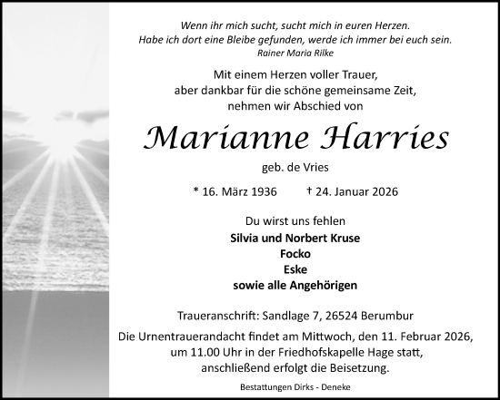 Traueranzeige von Marianne Harries von Ostfriesischer Kurier / Norderneyer Badezeitung