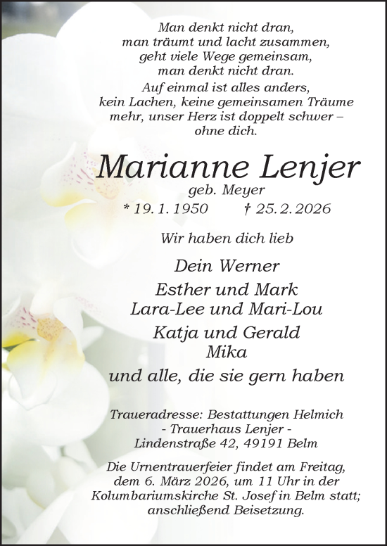 Traueranzeige von Marianne Lenjer von Neue Osnabrücker Zeitung GmbH & Co. KG