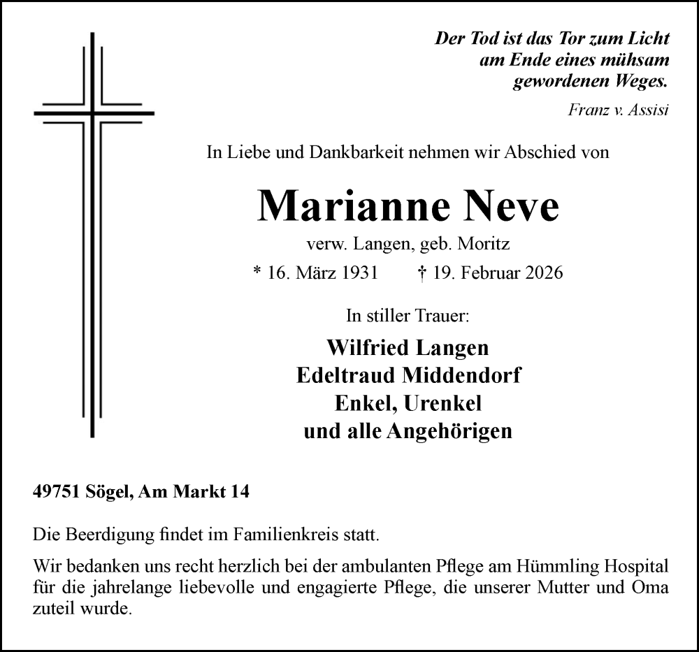  Traueranzeige für Marianne Neve vom 23.02.2026 aus Neue Osnabrücker Zeitung GmbH & Co. KG