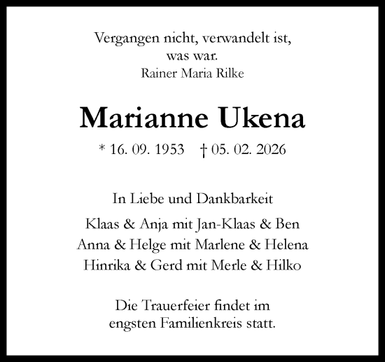 Traueranzeige von Marianne Ukena von Neue Osnabrücker Zeitung GmbH & Co. KG