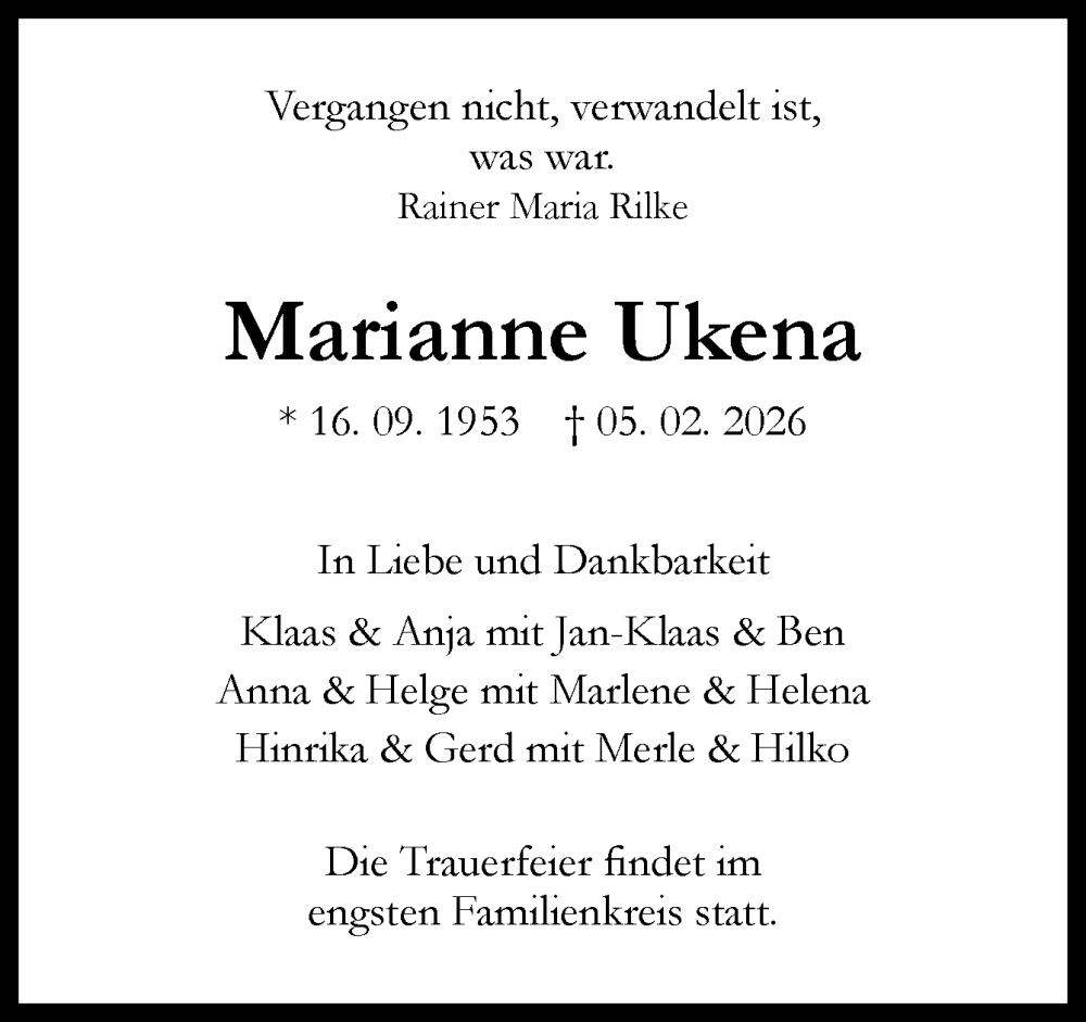  Traueranzeige für Marianne Ukena vom 11.02.2026 aus Neue Osnabrücker Zeitung GmbH & Co. KG