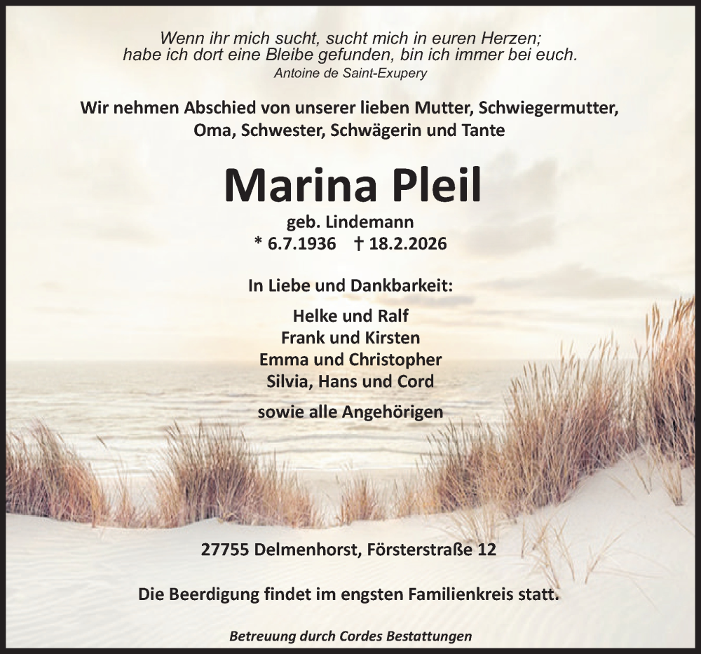  Traueranzeige für Marina Pleil vom 28.02.2026 aus DK Medien GmbH & Co. KG