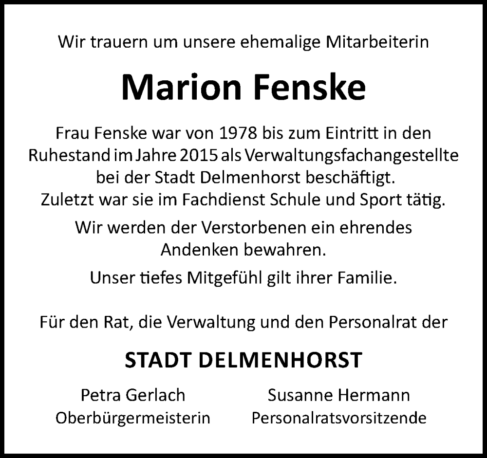  Traueranzeige für Marion Fenske vom 12.02.2026 aus DK Medien GmbH & Co. KG