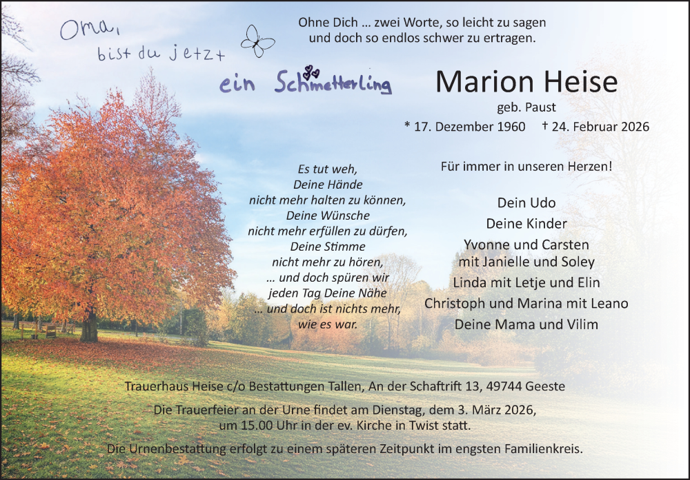  Traueranzeige für Marion Heise vom 28.02.2026 aus Neue Osnabrücker Zeitung GmbH & Co. KG