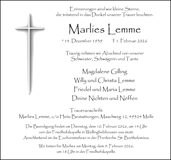 Traueranzeige von Marlies Lemme von Neue Osnabrücker Zeitung GmbH & Co. KG
