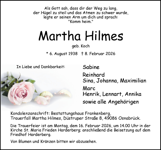 Traueranzeige von Martha Hilmes von Neue Osnabrücker Zeitung GmbH &amp; Co. KG