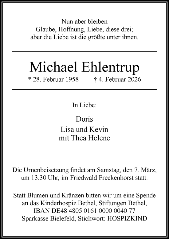 Traueranzeige von Michael Ehlentrup von Neue Osnabrücker Zeitung GmbH & Co. KG