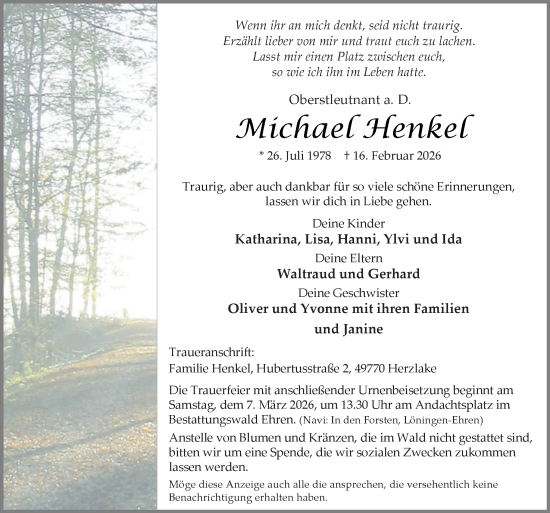 Traueranzeige von Michael Henkel von Neue Osnabrücker Zeitung GmbH & Co. KG