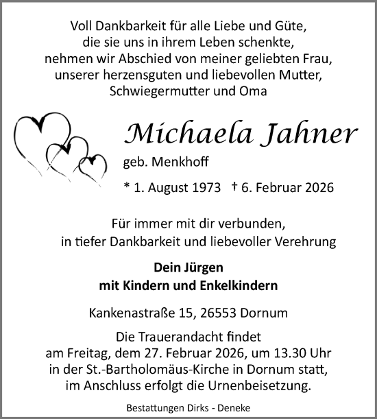 Traueranzeige von Michaela Jahner von Ostfriesischer Kurier / Norderneyer Badezeitung