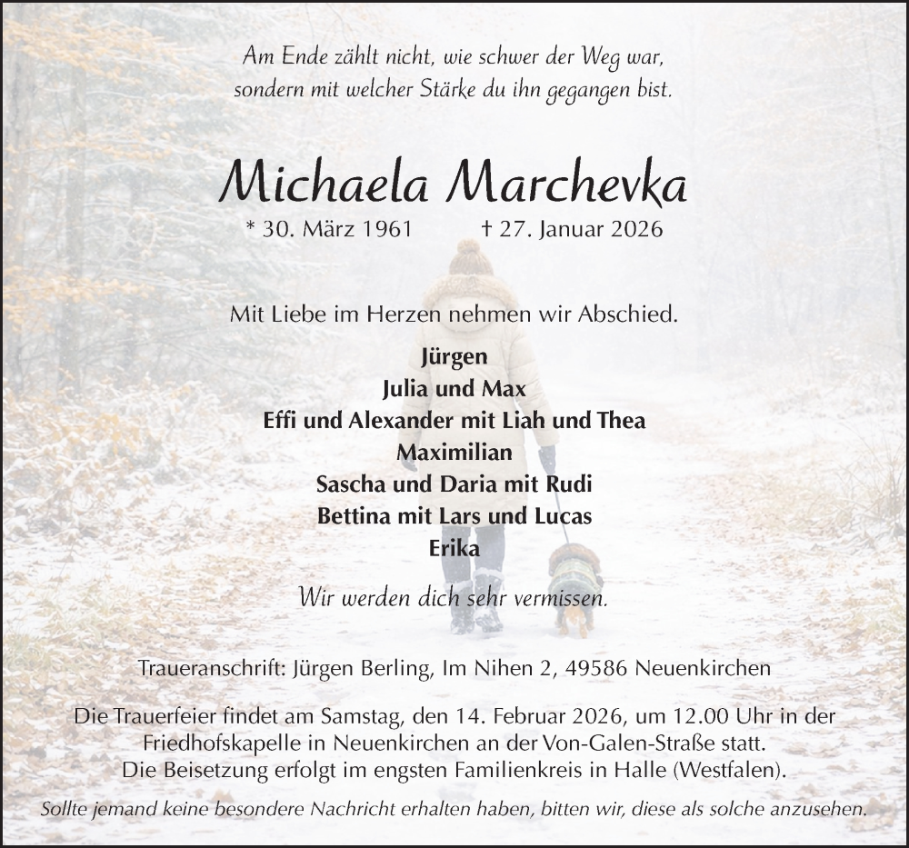  Traueranzeige für Michaela Marchevka vom 07.02.2026 aus Neue Osnabrücker Zeitung GmbH & Co. KG