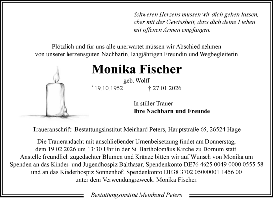 Traueranzeige von Monika Fischer von Ostfriesischer Kurier / Norderneyer Badezeitung