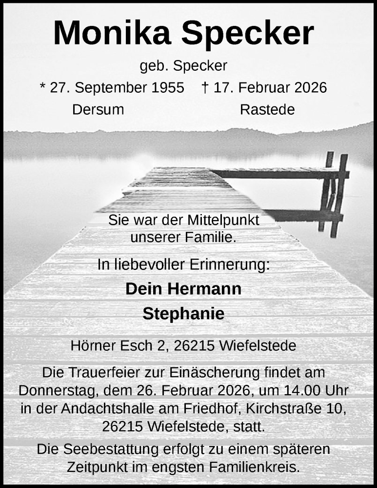 Traueranzeige für Monika Specker vom 23.02.2026 aus Neue Osnabrücker Zeitung GmbH & Co. KG