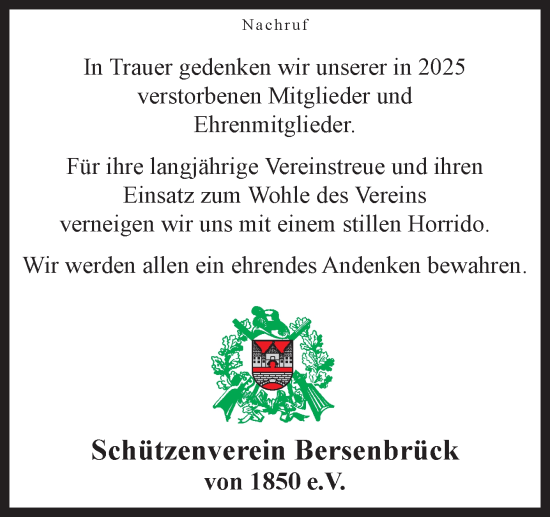 Traueranzeige von Nachruf Schützenverein Bersenbrück von 1850 e.V. von Neue Osnabrücker Zeitung GmbH & Co. KG