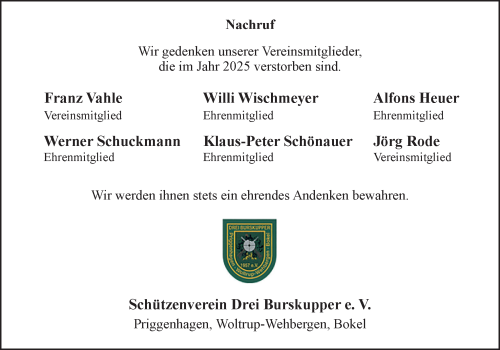  Traueranzeige für Nachruf des Schützenvereins Drei Burskupper e.V.   vom 07.02.2026 aus Neue Osnabrücker Zeitung GmbH & Co. KG