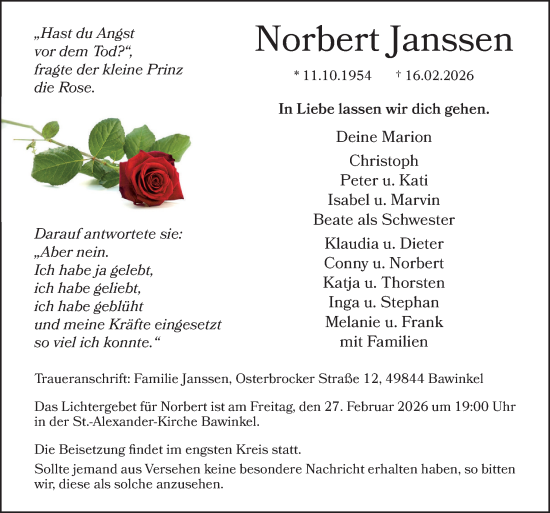 Traueranzeige von Norbert Janssen von Neue Osnabrücker Zeitung GmbH & Co. KG