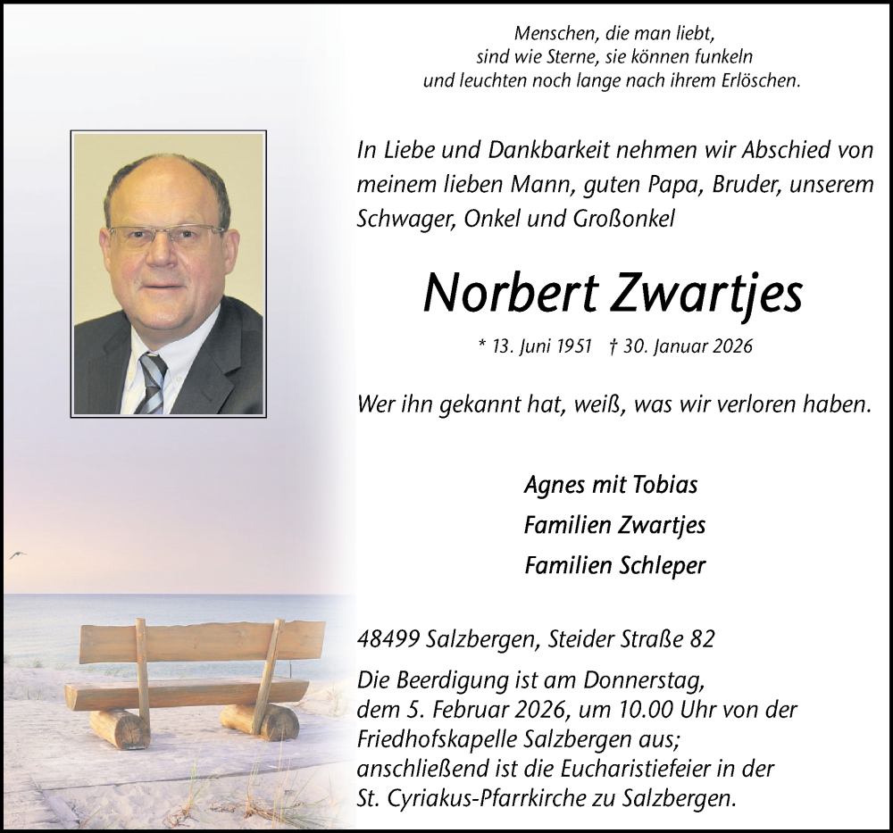  Traueranzeige für Norbert Zwartjes vom 03.02.2026 aus Neue Osnabrücker Zeitung GmbH & Co. KG
