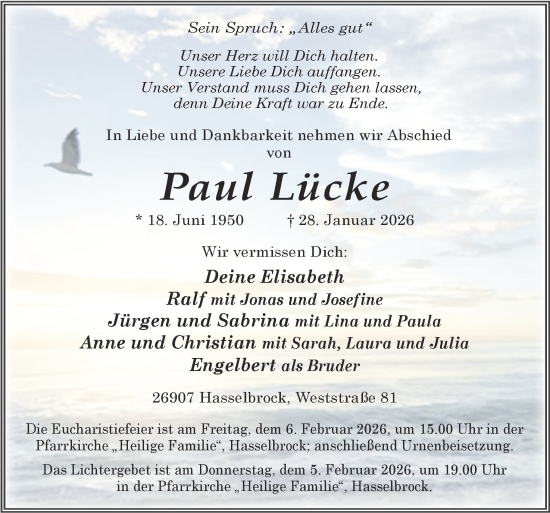 Traueranzeige von Paul Lücke von Neue Osnabrücker Zeitung GmbH & Co. KG