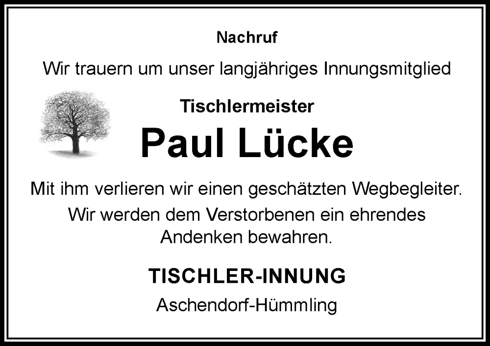  Traueranzeige für Paul Lücke vom 05.02.2026 aus Neue Osnabrücker Zeitung GmbH & Co. KG