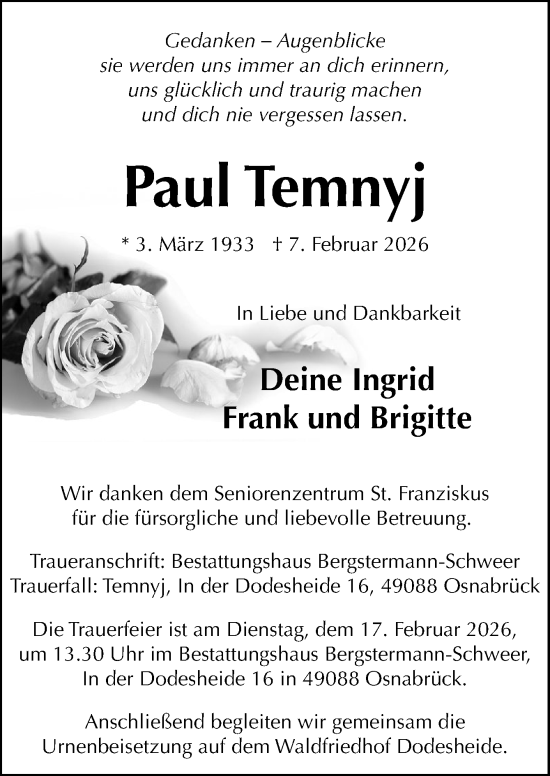 Traueranzeige von Paul Temnyj von Neue Osnabrücker Zeitung GmbH & Co. KG