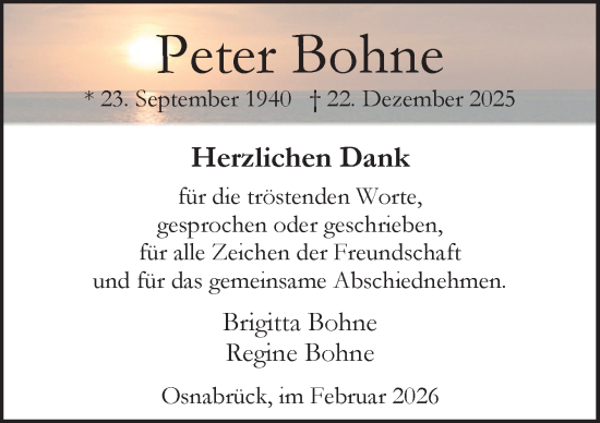Traueranzeige von Peter Bohne von Neue Osnabrücker Zeitung GmbH & Co. KG