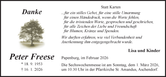 Traueranzeige von Peter Freese von Neue Osnabrücker Zeitung GmbH & Co. KG
