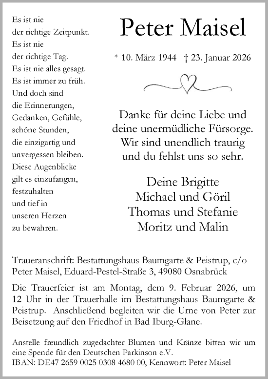 Traueranzeige von Peter Maisel von Neue Osnabrücker Zeitung GmbH & Co. KG