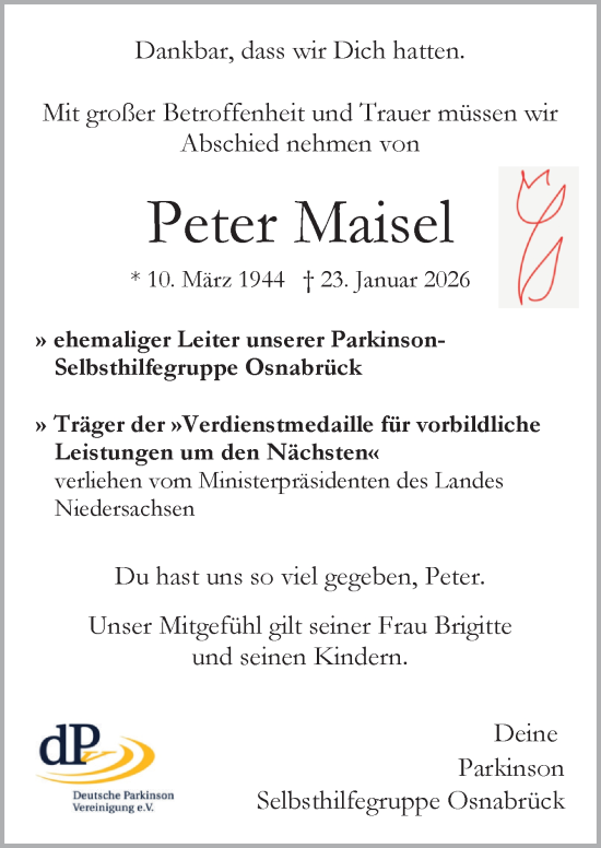 Traueranzeige von Peter Maisel von Neue Osnabrücker Zeitung GmbH & Co. KG