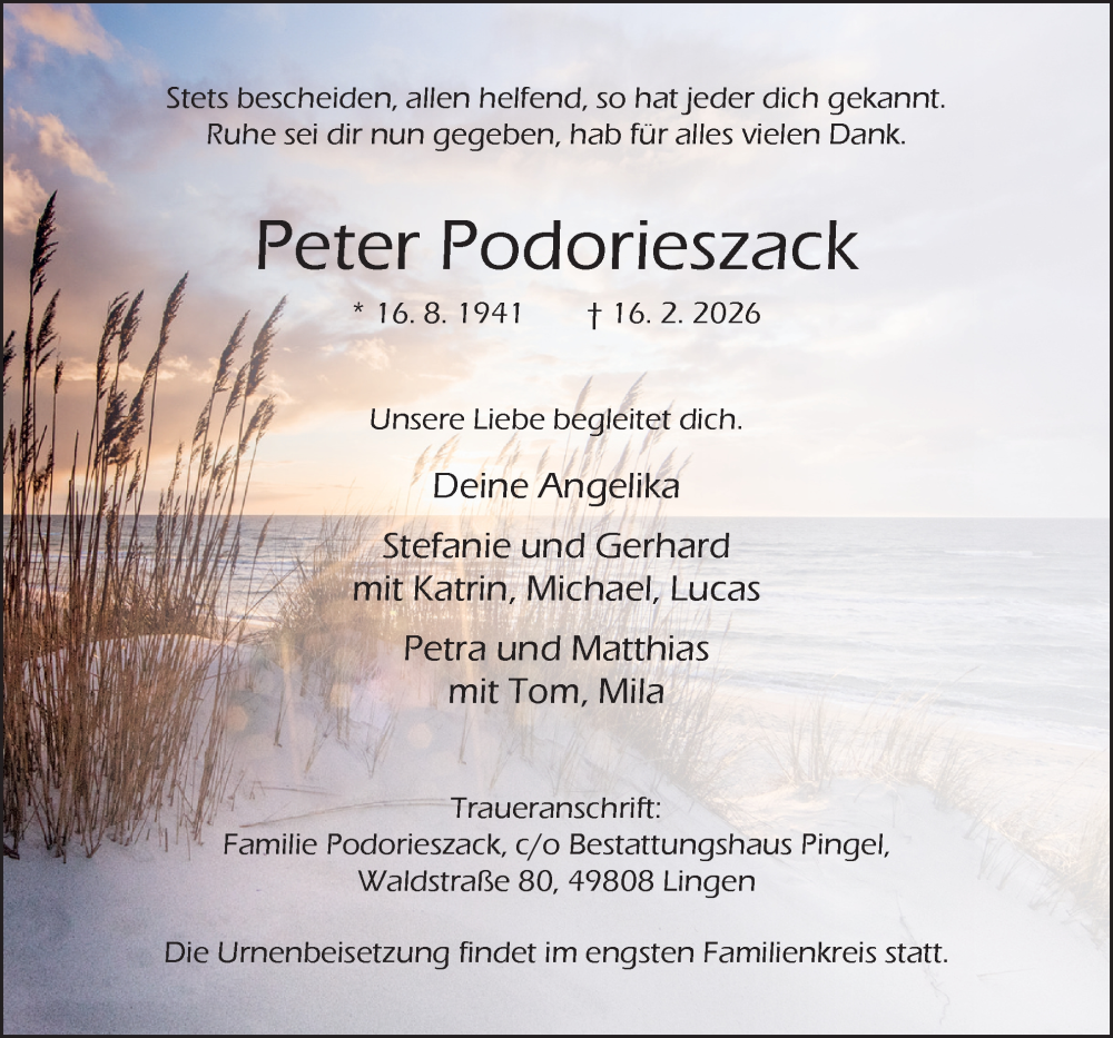  Traueranzeige für Peter Podorieszack vom 21.02.2026 aus Neue Osnabrücker Zeitung GmbH & Co. KG