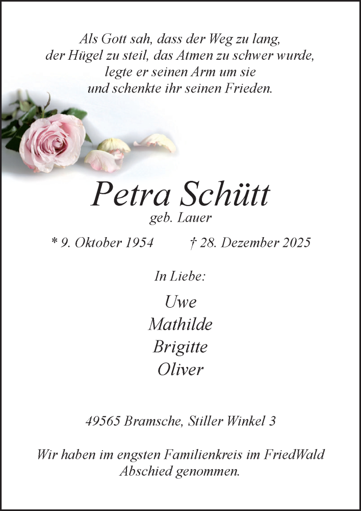  Traueranzeige für Petra Schütt vom 09.02.2026 aus Neue Osnabrücker Zeitung GmbH & Co. KG