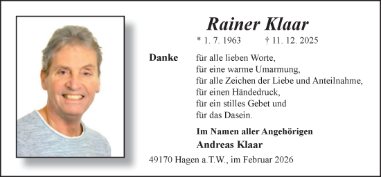 Traueranzeige von Rainer Klaar von Neue Osnabrücker Zeitung GmbH & Co. KG