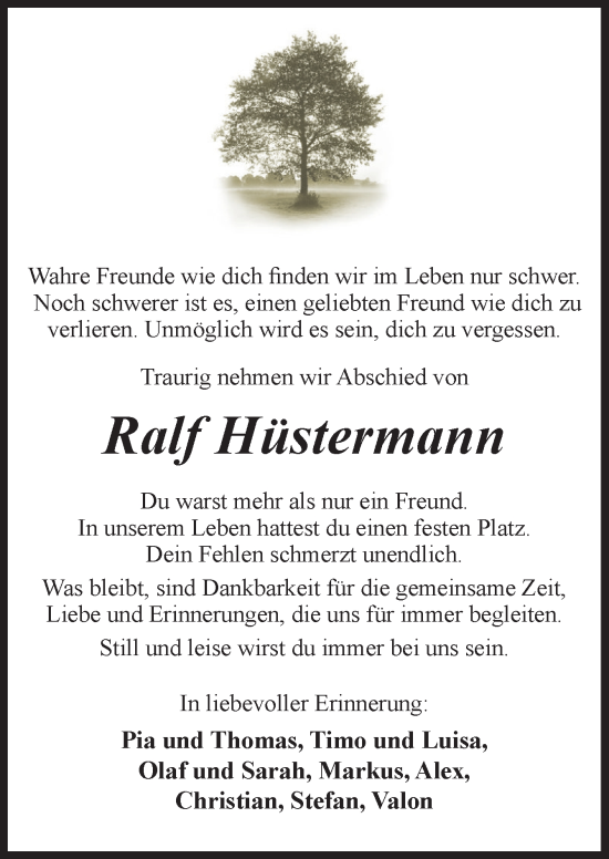 Traueranzeige von Ralf Hüstermann von Neue Osnabrücker Zeitung GmbH & Co. KG
