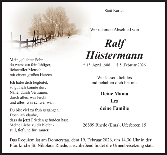Traueranzeige von Ralf Hüstermann von Neue Osnabrücker Zeitung GmbH & Co. KG