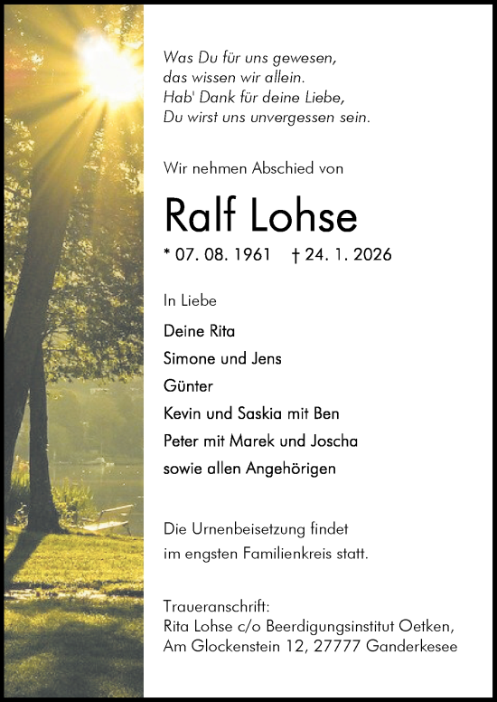 Traueranzeige von Ralf Lohse von DK Medien GmbH & Co. KG