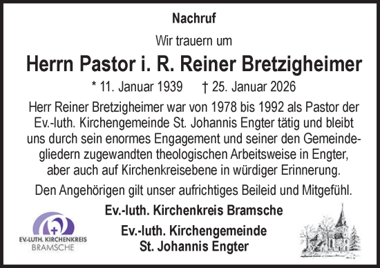 Traueranzeige von Reiner Bretzigheimer von Neue Osnabrücker Zeitung GmbH & Co. KG