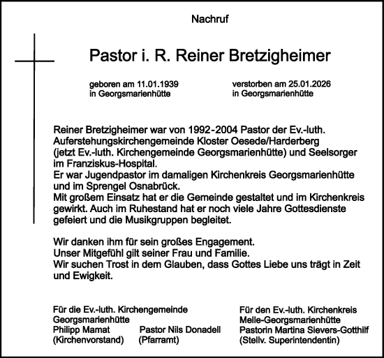 Traueranzeige von Reiner Bretzigheimer von Neue Osnabrücker Zeitung GmbH & Co. KG